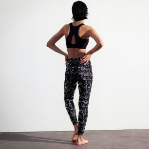 Leggings Patrón de caras de línea blanca y negra de resumen