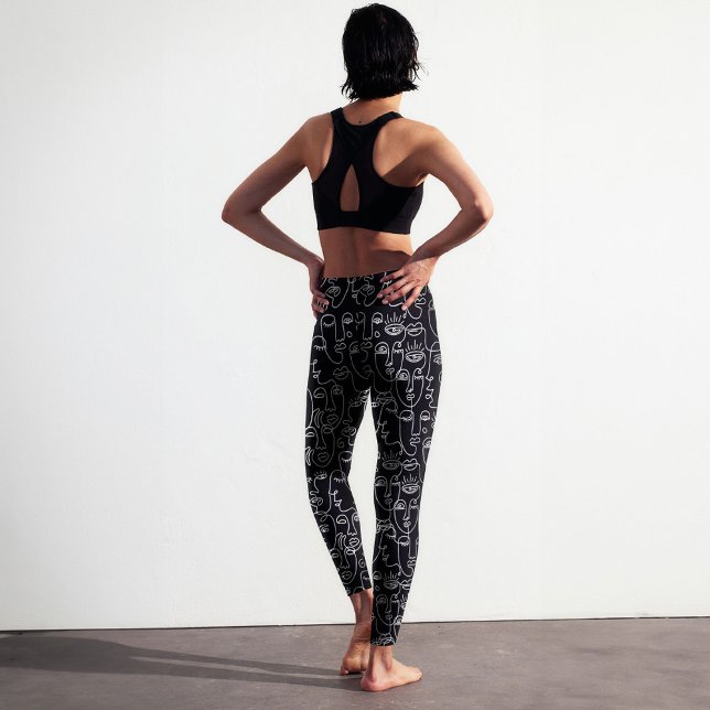 Leggings Patrón de caras de línea blanca y negra de resumen (Modern abstract black and white line face pattern printed leggings for yoga, fitness & lifestyle.)