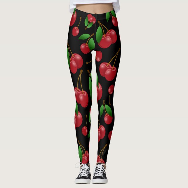Leggings Patrón de cerezas rojas dulces sobre negro (Anverso)