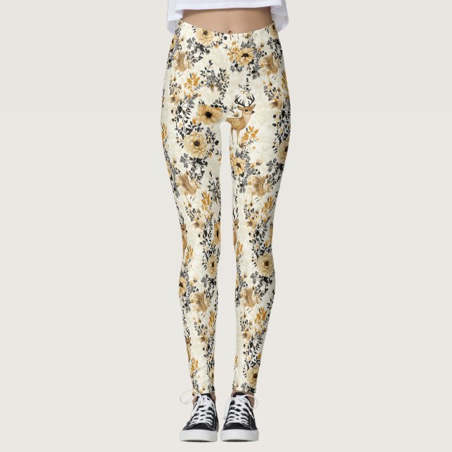 Leggings Patrón de cervatillo floral vintage (Anverso)