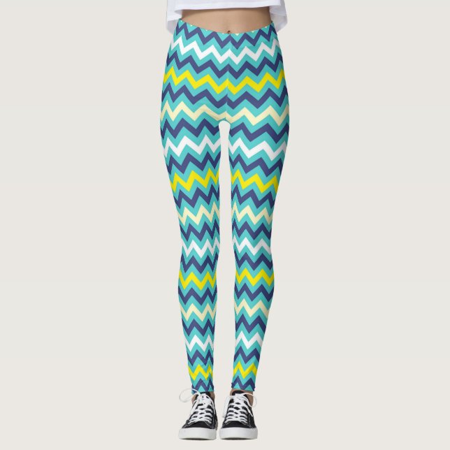 Leggings Patrón de Chevron Azul Verde Amarillo Zigzag Bonit (Anverso)
