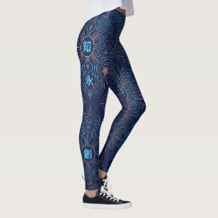 Leggings Patrón de circuito de neón japonés Kanji ciberpunk