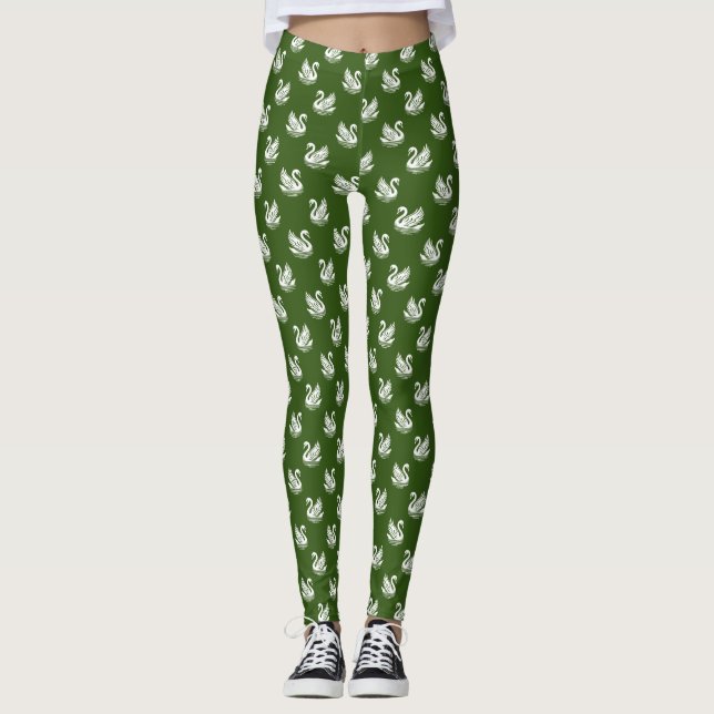 Leggings Patrón de cisne 02 - Blanco en verde forestal (Anverso)
