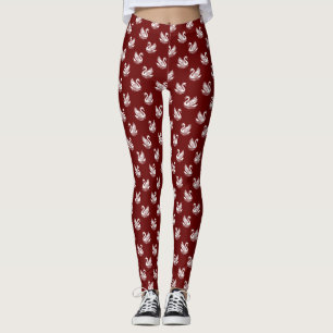 Leggings Patrón de cisne 02 - Blanco sobre rojo oscuro