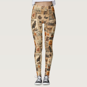 Leggings Patrón de collage de otoño vintage Ephemera Rust