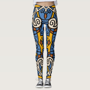 Leggings Patrón de color tribal africano azul y amarillo
