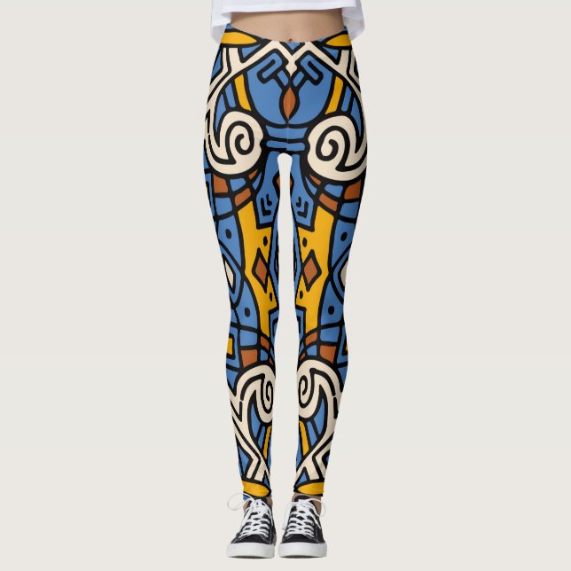 Leggings Patrón de color tribal africano azul y amarillo (Anverso)