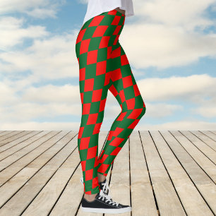 Leggings Patrón de comprobación de Harlequin rojo y verde