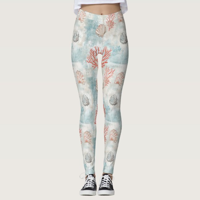 Leggings Patrón de concha marina acuática de cabaña costera (Anverso)