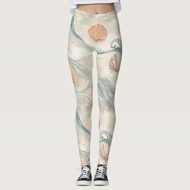 Leggings Patrón de conchas de casa de playa (Anverso)