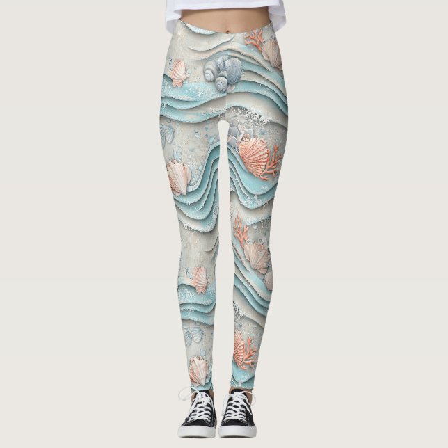 Leggings Patrón de conchas marinas costeras boho (Anverso)