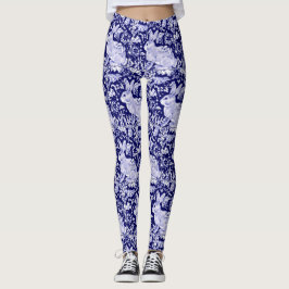 Leggings Patrón de conejo Azul oscuro Floral de pájaro blan