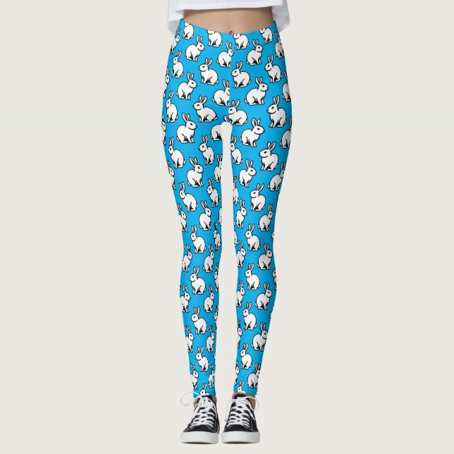Leggings Patrón de conejos - Blanco y negro con azul cielo (Anverso)