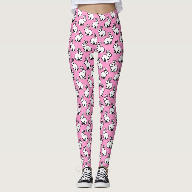 Leggings Patrón de conejos - Blanco y negro con rosa (Anverso)