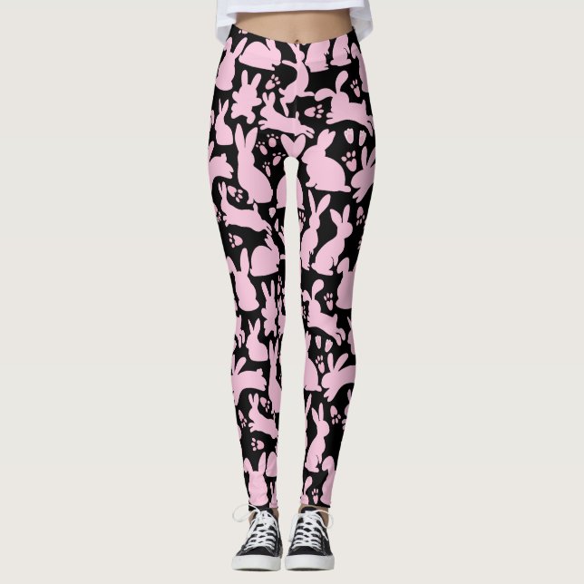 Leggings Patrón de conejos rosados BG negro (Anverso)