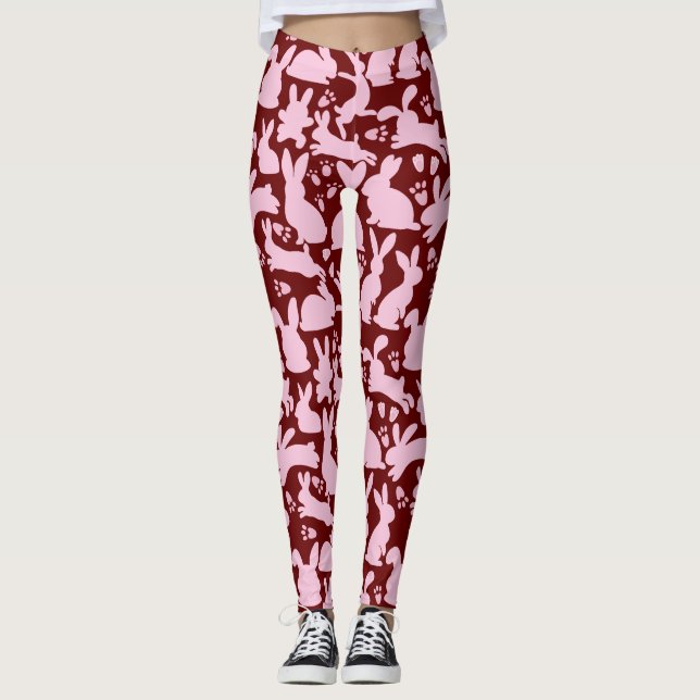 Leggings Patrón de conejos rosados D Rojo (Anverso)