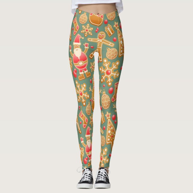 Leggings Patrón de cookies de Navidades dorados (Anverso)