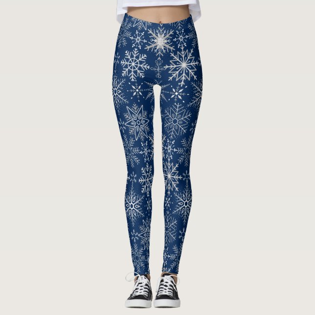 Leggings Patrón de copo de nieve Blanco.Azul oscuro BG (Anverso)