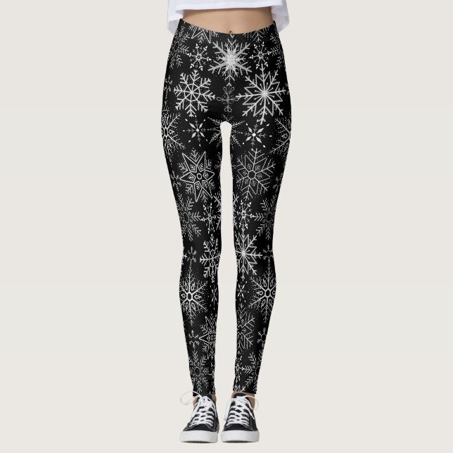 Leggings Patrón de copo de nieve Blanco.Fondo negro (Anverso)
