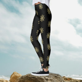 Leggings Patrón de copo de nieve con purpurina negro y dora