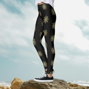 Leggings Patrón de copo de nieve con purpurina negro y dora