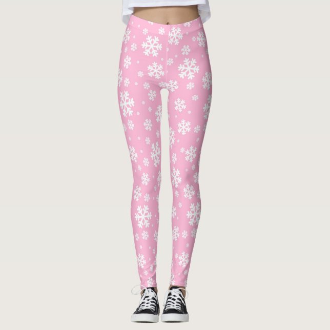 Leggings Patrón de copo de nieve de Navidad rosa y blanco b (Anverso)