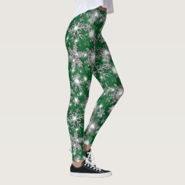 Leggings Patrón de copo de nieve festivo verde plateado Pur