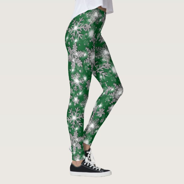 Leggings Patrón de copo de nieve festivo verde plateado Pur (Derecha)