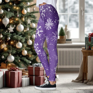 Leggings Patrón de copos de nieve púrpura, mágica fiesta de