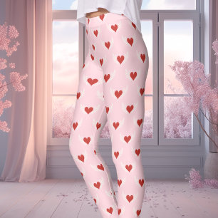 Leggings Patrón de corazón alado de San Valentín rosa y roj