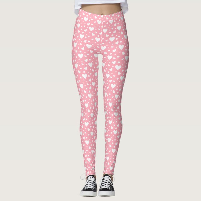Leggings Patrón De Corazón Blanco Sobre Rosa (Anverso)