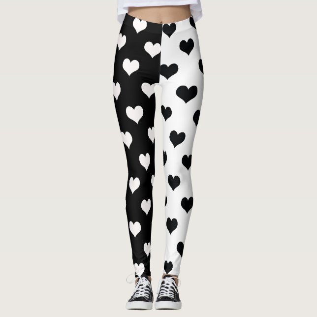 Leggings Patrón de corazón de amor blanco negro (Anverso)