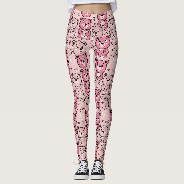 Leggings Patrón de corazón de osito de peluche pastel (Anverso)