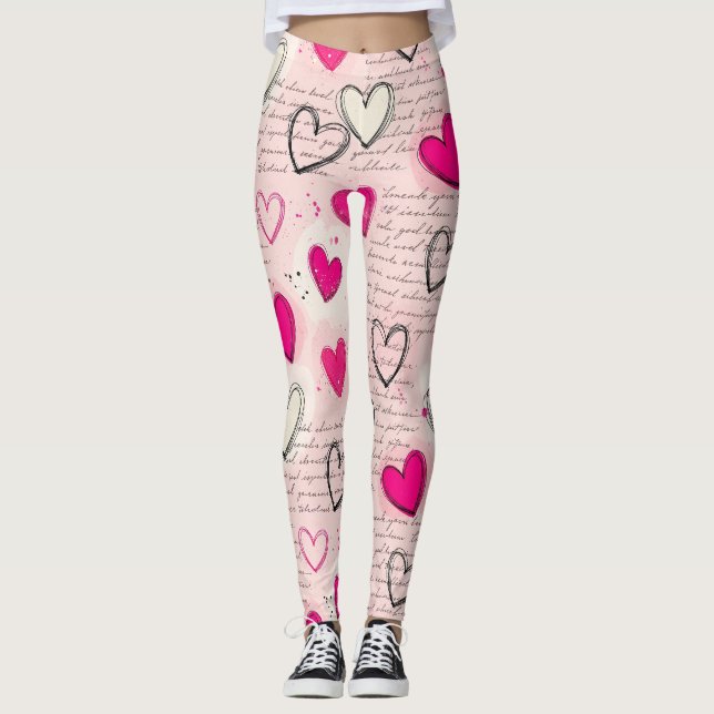 Leggings Patrón de corazón moderno con fondo de escritura ( (Anverso)
