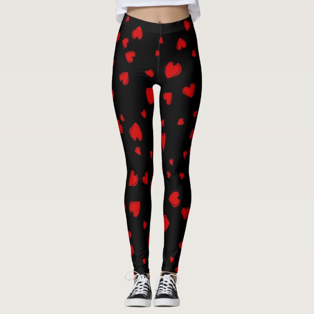 Leggings Patrón de corazón rojo en negro (Anverso)