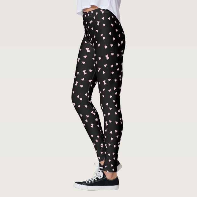 Leggings Patrón de corazón rosa claro y ligero en negro (Izquierda)