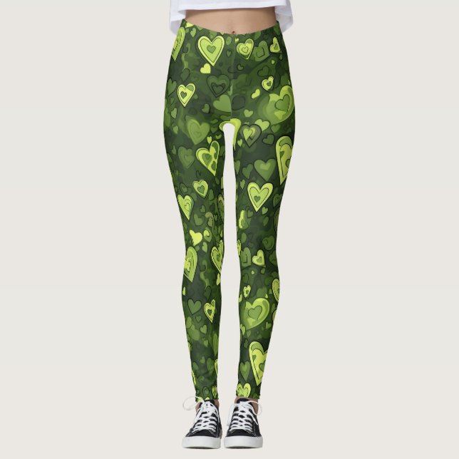 Leggings Patrón de corazón verde (Anverso)
