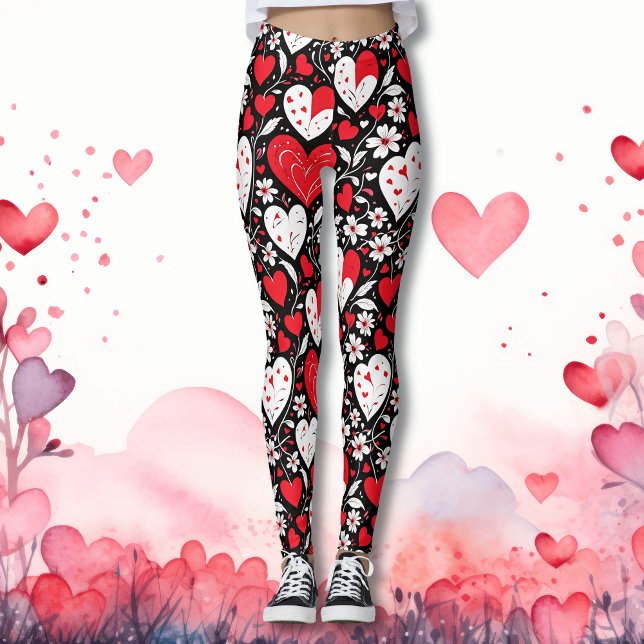 Leggings Patrón de Corazón y Flores Rojas, Negras y Blancas (Subido por el creador)