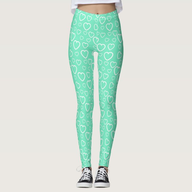 Leggings Patrón de corazones de amor verde menta y blanco (Anverso)