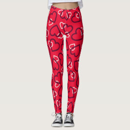 Leggings Patrón de Corazones Delineados al Azar en Rojo