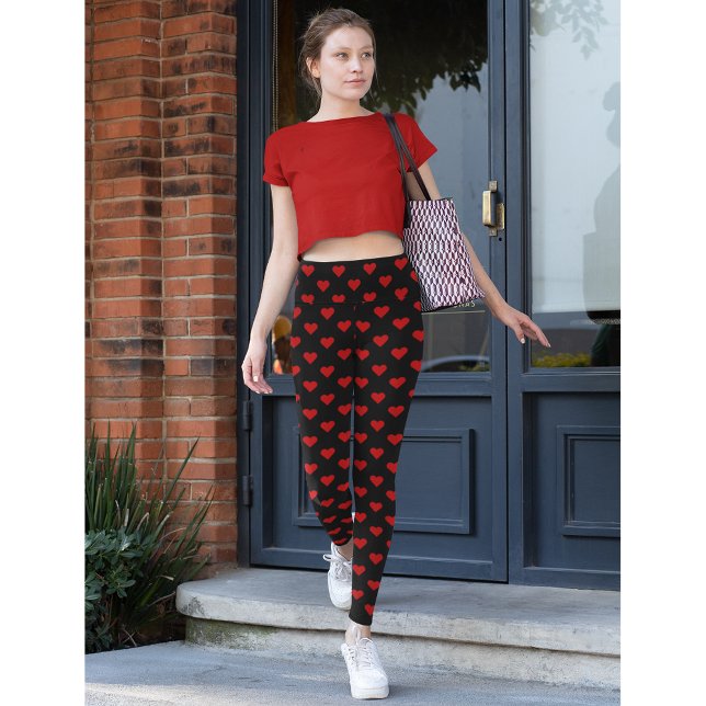 Leggings Patrón de corazones rojos Amor Moda Negra Entrenam (Red Hearts Pattern Love Black Fashion Yoga Workout Leggings)