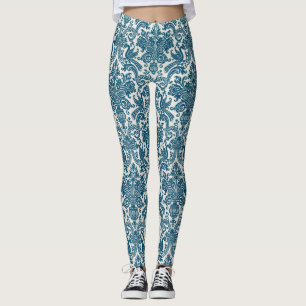 Leggings Patrón de cosecha de color azul y blanco floral