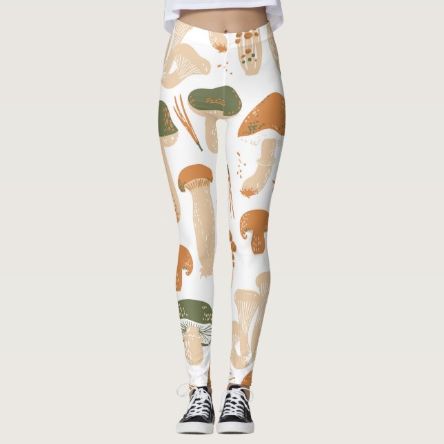 Leggings Patrón de cosecha de hongos comestibles Linocut (Anverso)