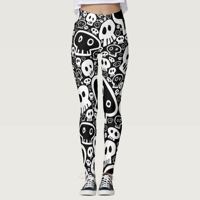 Leggings Patrón de cráneo blanco sobre negro (Anverso)