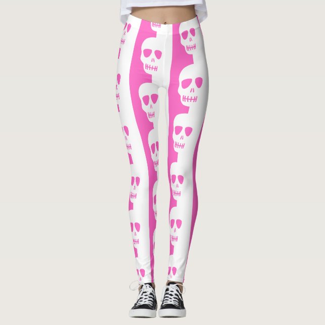 Leggings Patrón de cráneo blanco y rosa (Anverso)