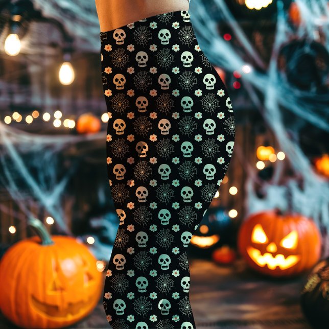 Leggings Patrón de cráneos y flores de Halloween (Subido por el creador)