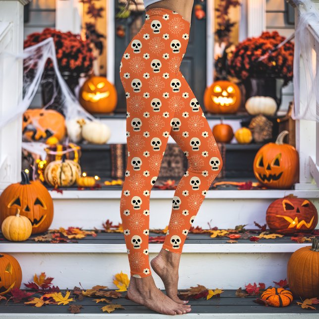 Leggings Patrón de cráneos y flores de Halloween naranja (Subido por el creador)