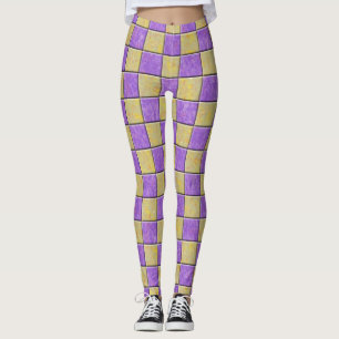 Leggings Patrón de cuadrados dorados y púrpura