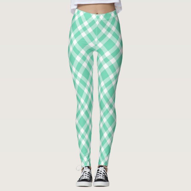 Leggings Patrón de Cuadro Azul Claro y Blanco (Anverso)