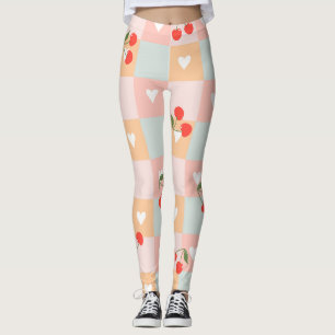 Leggings Patrón de cuadros de cereza pastel y corazón